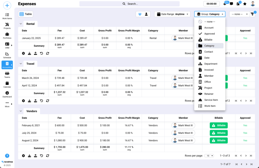 A user interface displaying a table of expenses categorized by Rental, Travel, and Vendors, with details such as date, fee, cost, gross profit, and approval status.