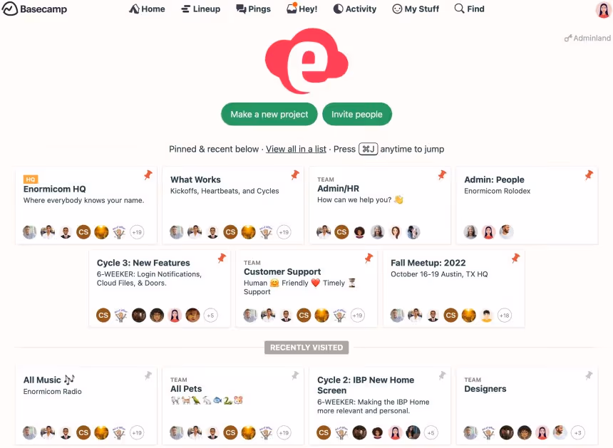 Screenshot of the Basecamp project management interface showcasing various project cards, activity feeds, and navigation options, designed for team collaboration.
