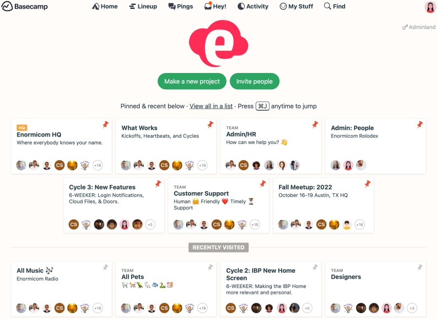Screenshot of the Basecamp project management interface showcasing various project cards, activity feeds, and navigation options, designed for team collaboration.