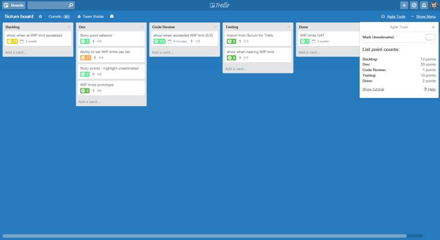A Trello board displaying columns for Backlog, Dev, Code Review, Testing, and Done, with multiple task cards in the Dev and Testing columns and a visible WIP limit feature.