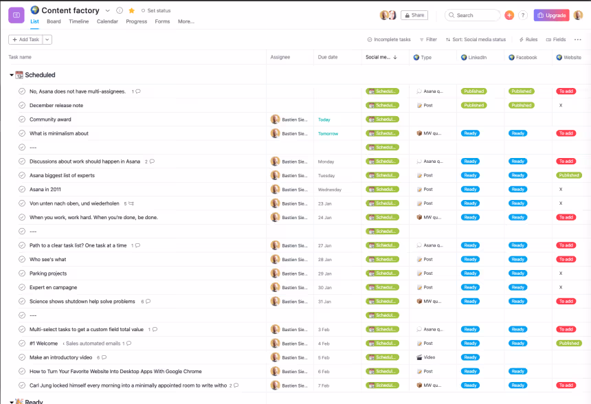 Screenshot of a project management tool displaying a task list with scheduled items, assignees, due dates, and task statuses.