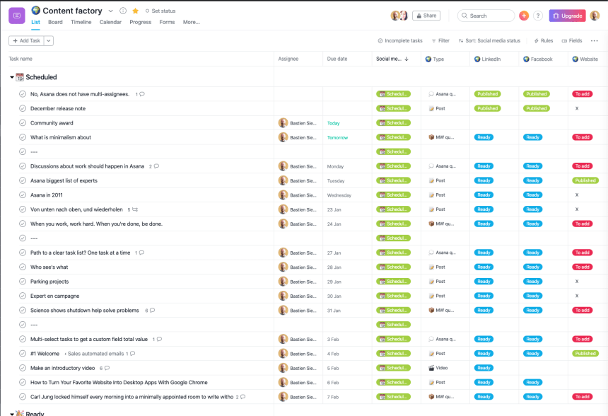 Screenshot of a project management tool displaying a task list with scheduled items, assignees, due dates, and task statuses.