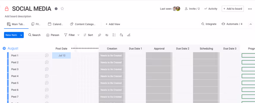 Screenshot of a project management tool board titled 'SOCIAL MEDIA', showing a list of tasks for the month of August with columns for post dates, creation status, approval, scheduling, and progress indicators.