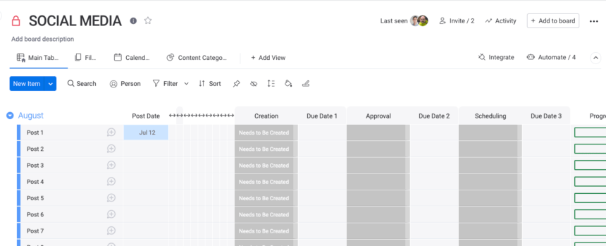 Screenshot of a project management tool board titled 'SOCIAL MEDIA', showing a list of tasks for the month of August with columns for post dates, creation status, approval, scheduling, and progress indicators.