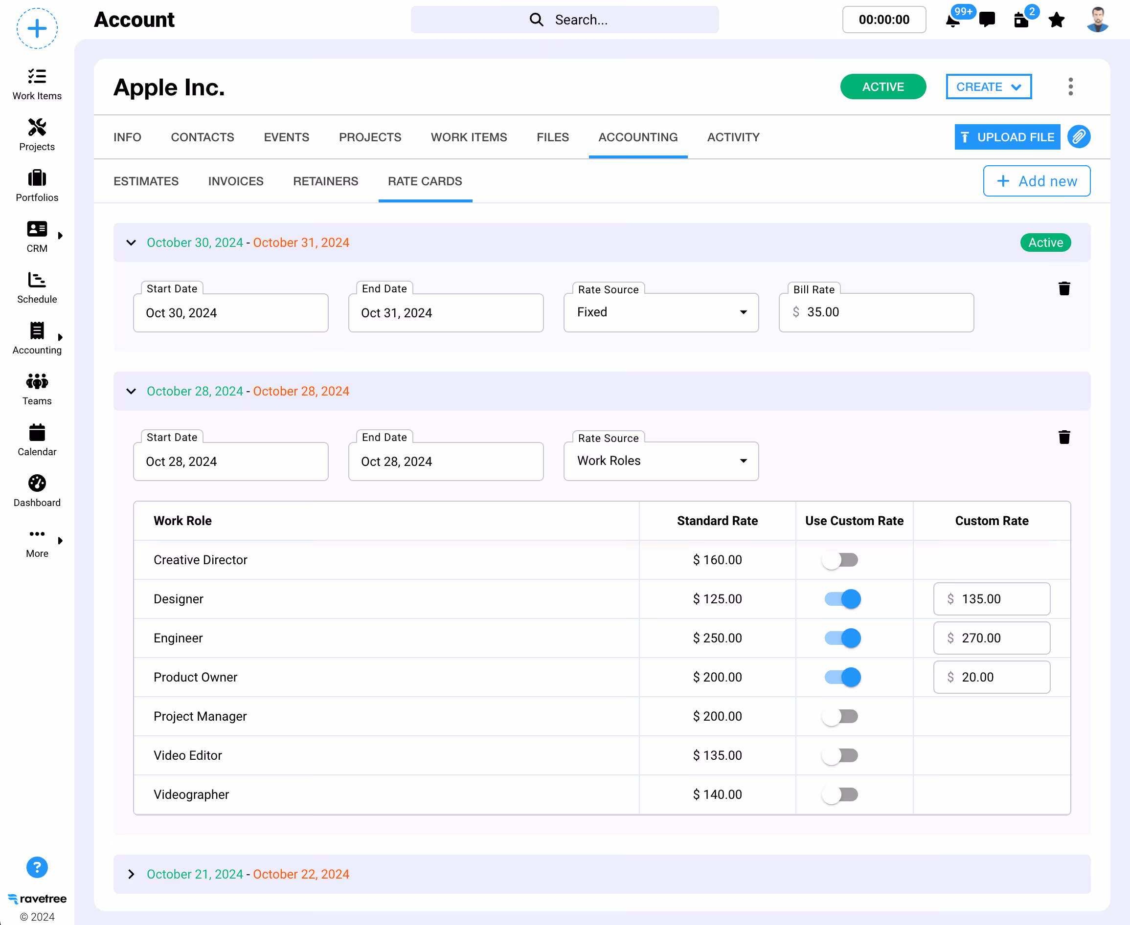 Time tracking in Ravetree is enhanced with rate cards that have start and end dates