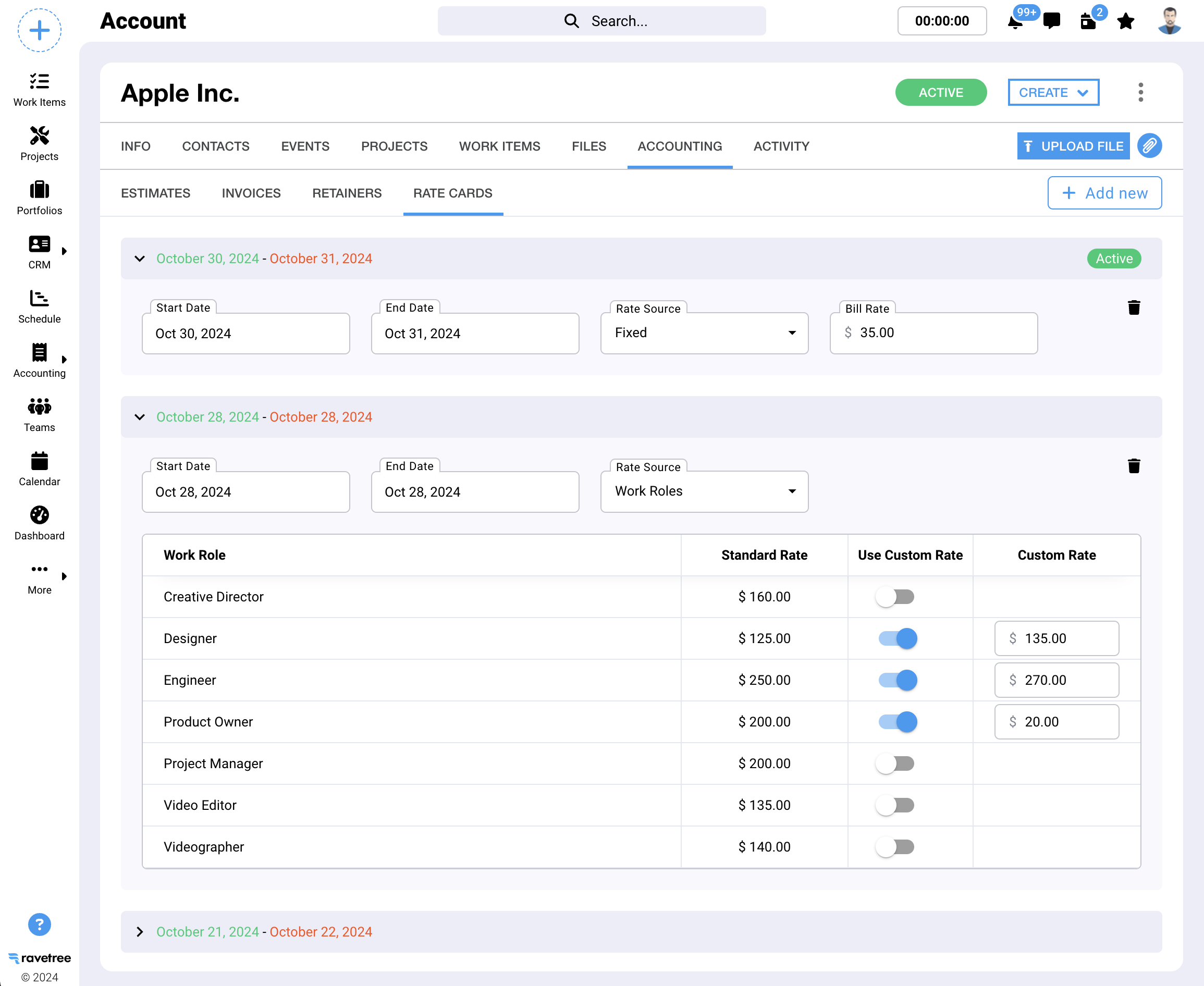 Time tracking in Ravetree is enhanced with rate cards that have start and end dates