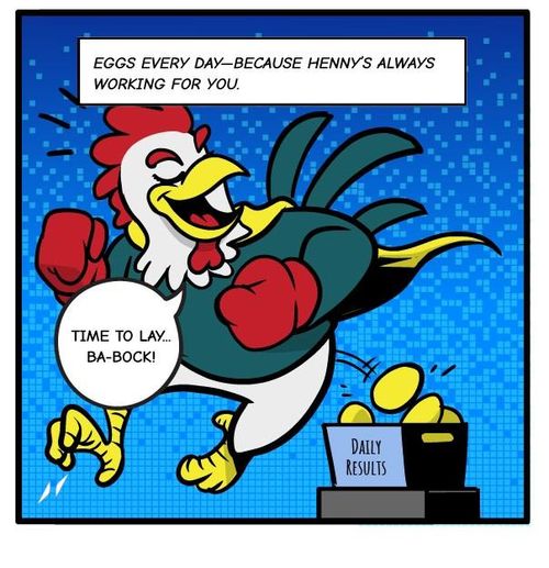 A lively comic panel featuring 'Henny,' the superhero chicken, cheerfully proclaiming, 'Time to lay... Ba-bock!' while gesturing toward a box labeled 'Daily Results' overflowing with golden eggs. The caption at the top reads, 'Eggs every day—because Henny’s always working for you.' The background is a digital blue grid, emphasizing a tech-inspired theme and Henny’s consistent productivity.
