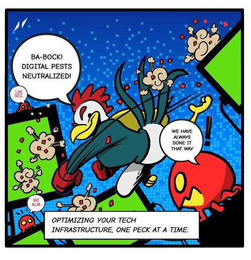A dynamic comic panel featuring 'Henny,' the superhero chicken, mid-action with a determined pose, kicking and scattering cartoon skull-and-bones icons labeled with phrases like 'Low SEC' and 'No ALM.' Henny exclaims, 'Ba-bock! Digital pests neutralized!' Nearby, a speech bubble reads, 'We have always done it that way,' contrasting the action. The caption at the bottom states, 'Optimizing your tech infrastructure, one peck at a time.' The background is a digital blue grid with vibrant green screens and red alarm icons.