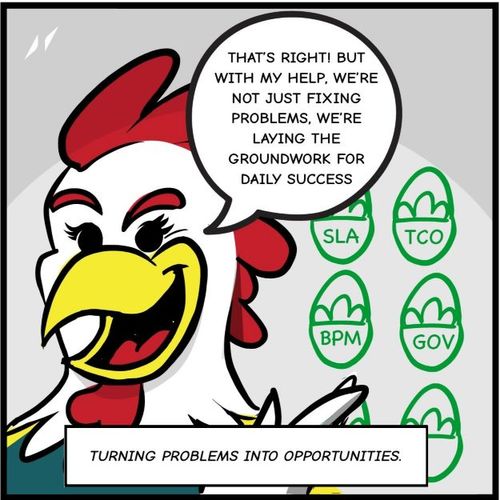 A close-up of Henny, the superhero chicken, confidently smiling and pointing towards a series of green eggs labeled with business and IT terms such as 'SLA,' 'TCO,' 'BPM,' and 'GOV.' Henny declares, 'That's right! But with my help, we’re not just fixing problems, we’re laying the groundwork for daily success.' The caption at the bottom reads, 'Turning problems into opportunities.' The background is simple, keeping the focus on Henny and the strategic concepts represented by the labeled eggs.