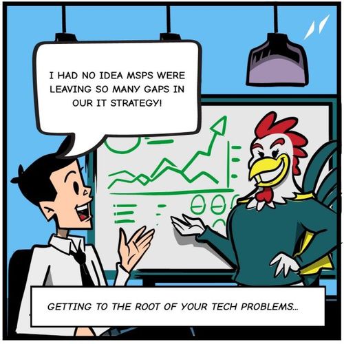 A business professional in a white shirt and tie excitedly gestures toward a presentation screen displaying a green analytics chart with rising graphs and data points. He exclaims, 'I had no idea MSPs were leaving so many gaps in our IT strategy!' Beside him, Henny, the superhero chicken, stands confidently with one hand on his hip and the other gesturing toward the screen. The caption at the bottom reads, 'Getting to the root of your tech problems…' The setting resembles a modern office or conference room, with overhead lighting emphasizing the discussion.