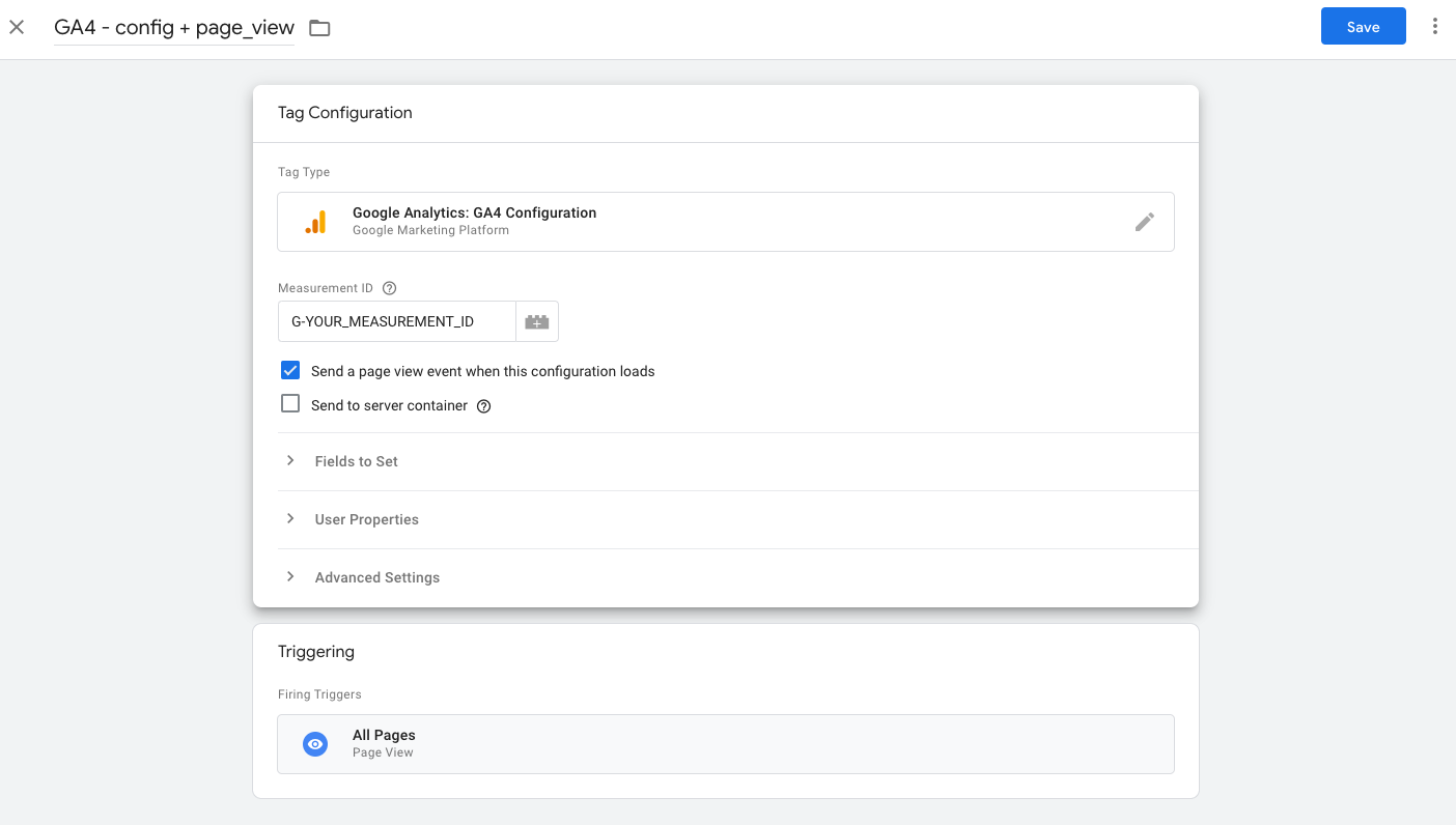 GA4 screenshot showing page view setup under tag configuration