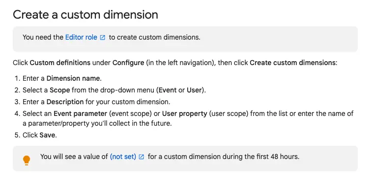 GA4 screenshot showing "create a custom dimension" UI