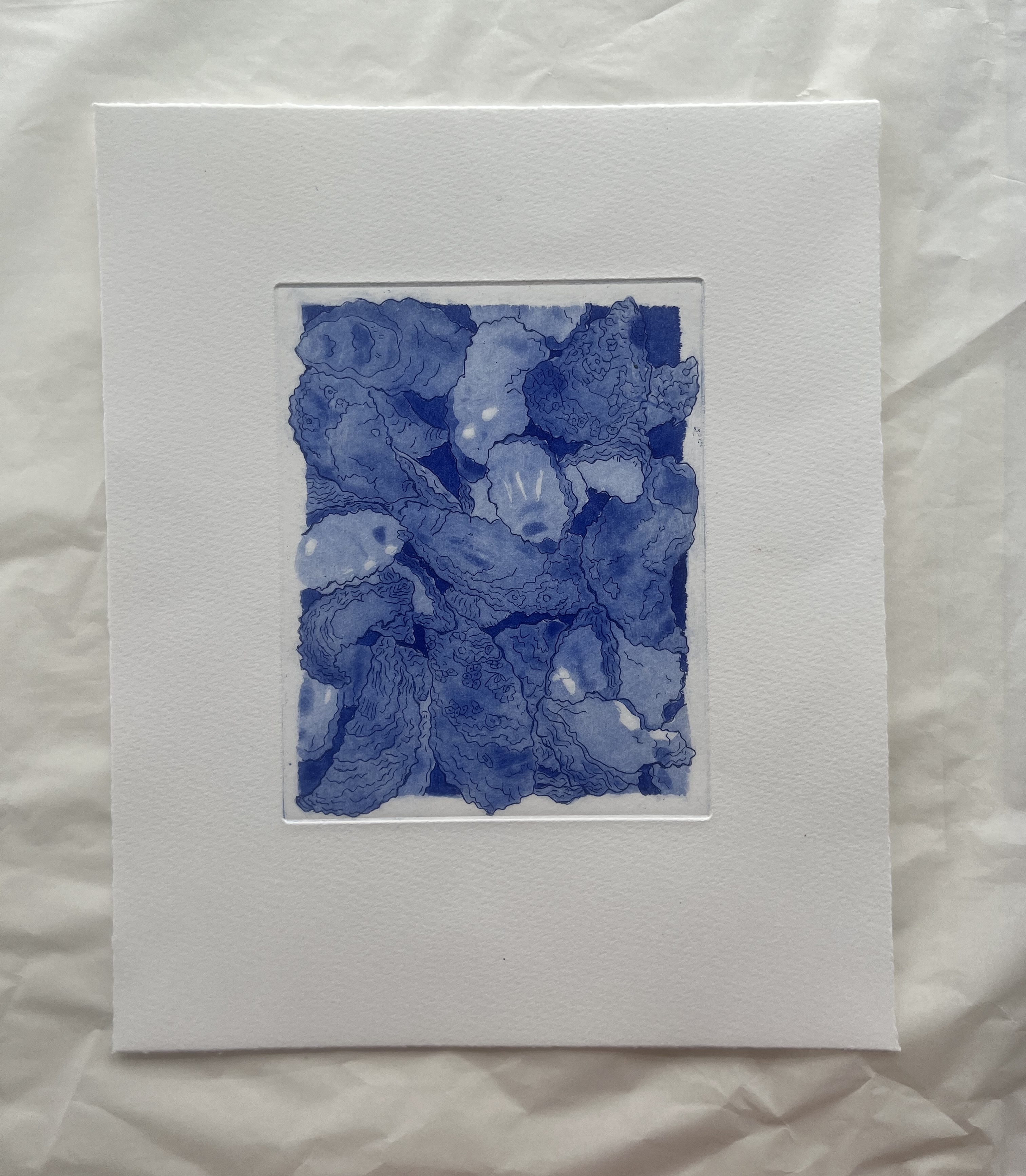 Print of multiple oysters that are overlapping. Some oysters are going beyond the border. This print's ink is a vibrant blue. 