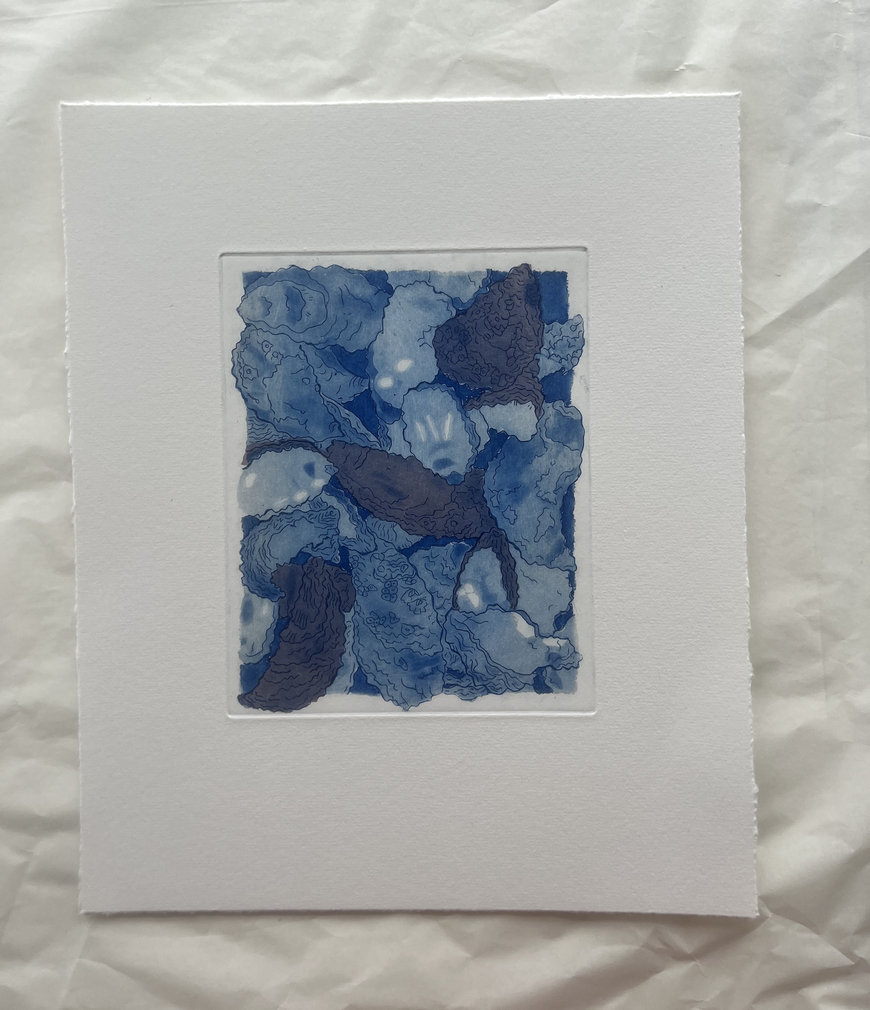 Print of multiple oysters that are overlapping. Some oysters are going beyond the border. This print's ink is blue, with lilac paper pieces highlighting three oysters. 