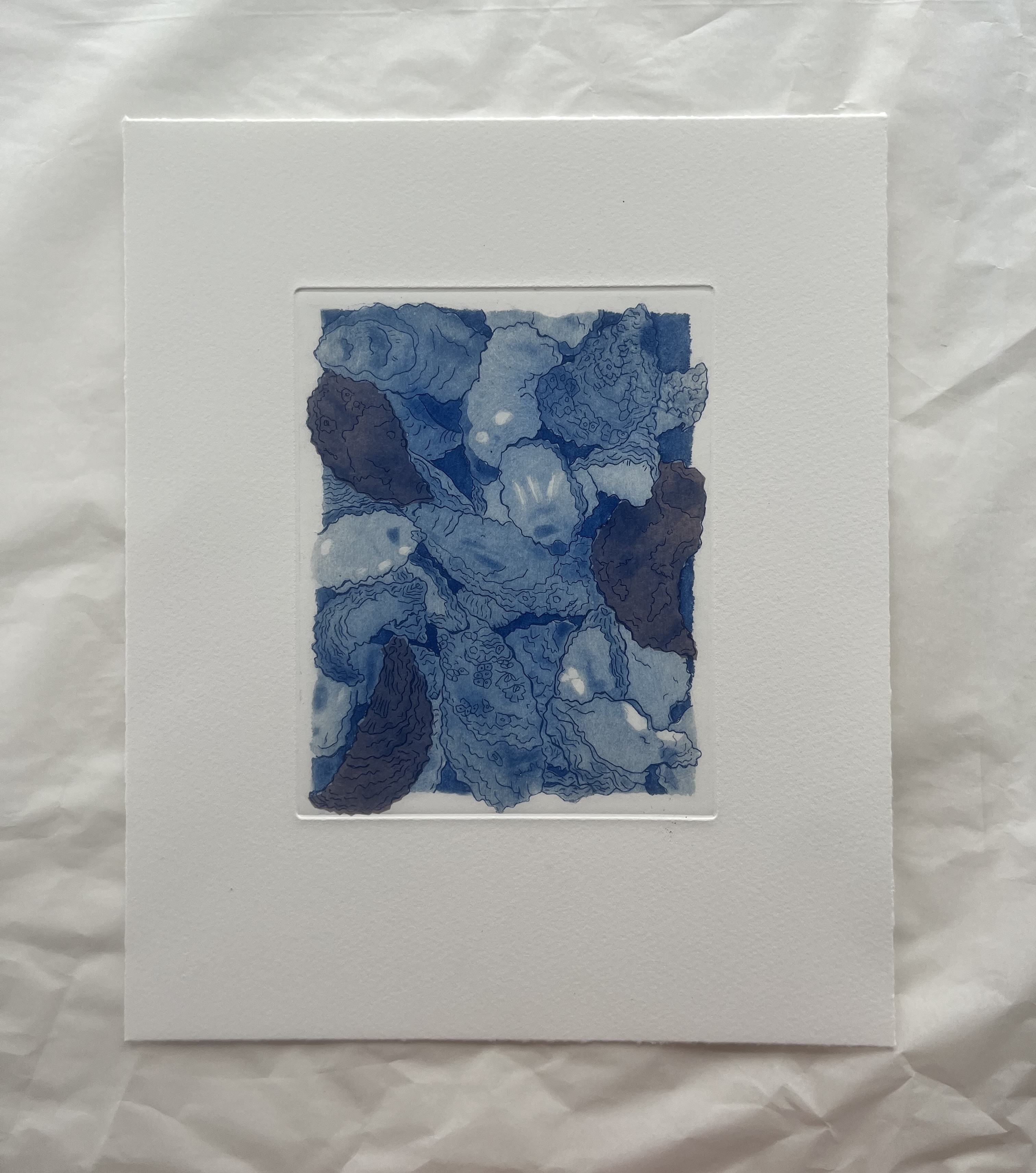 Print of multiple oysters that are overlapping. Some oysters are going beyond the border. This print's ink is blue, with lilac paper pieces highlighting three oysters. 