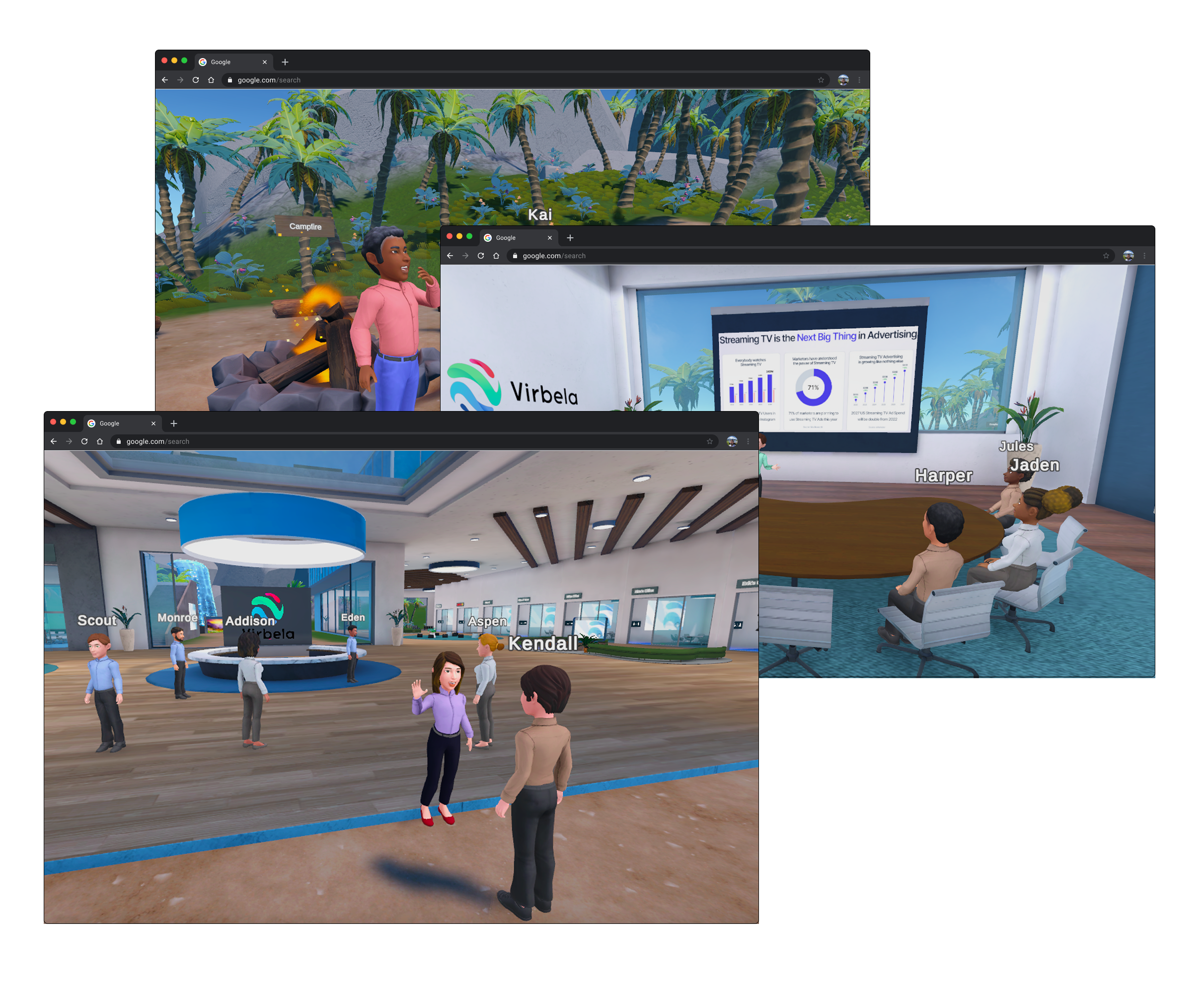 Three windows stacked showing different scenes from the virbela world of avatars waving at each other and in meetings.