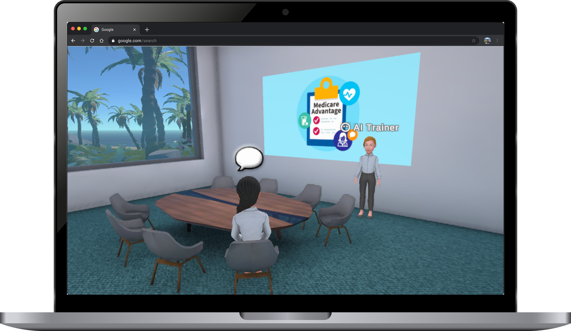 A laptop with a screenshot of the Virbela virtual world. This screenshot shows an office room with two avatars, one sitting at a table and one presenting on a screen in front.