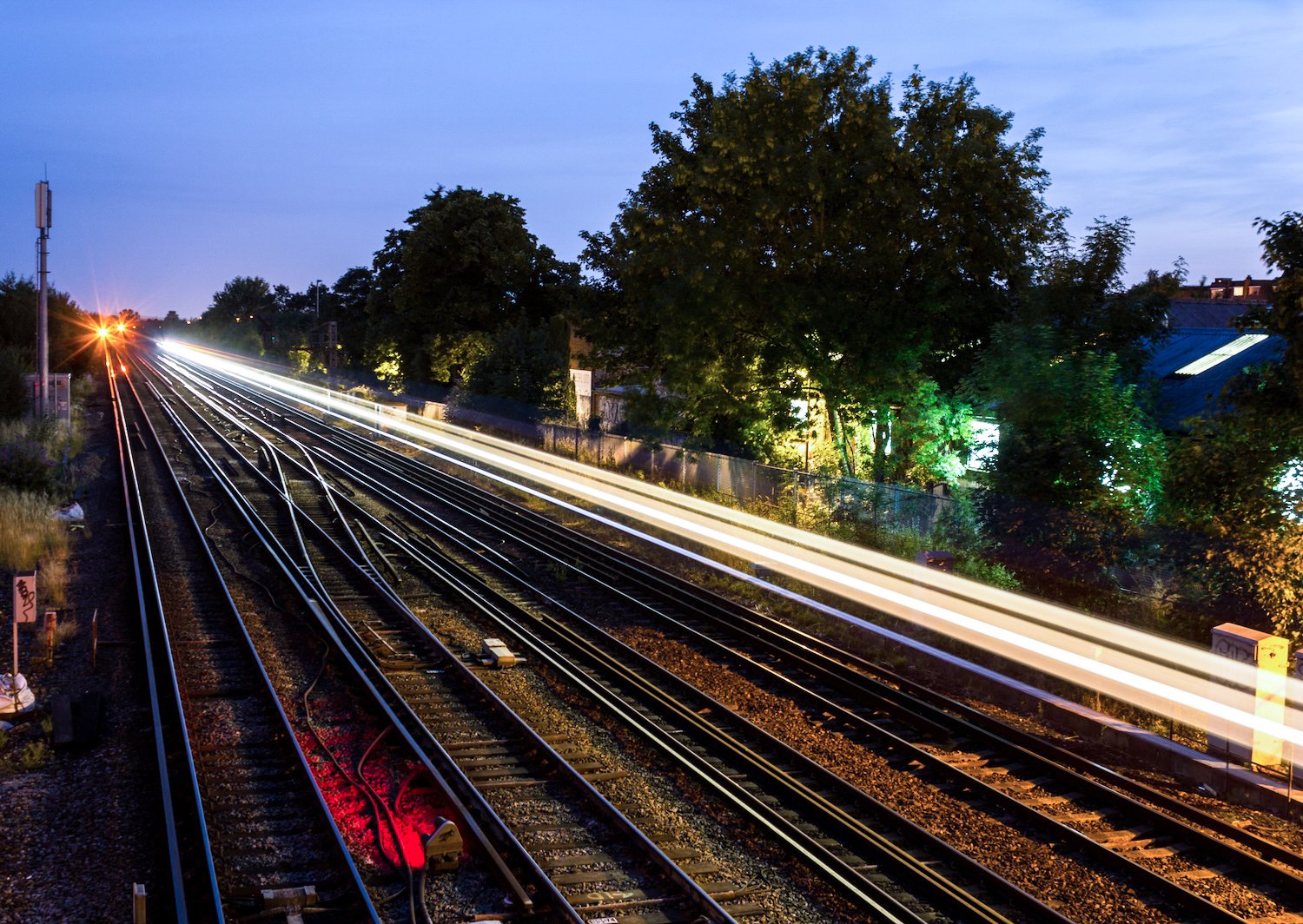 Light trails from a train at dusk