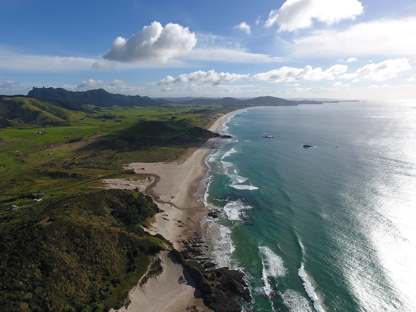 Aerial view of Ocean Beach and the Whangārei Heads coastline