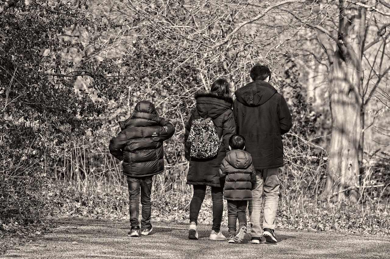 A family in the forest walking