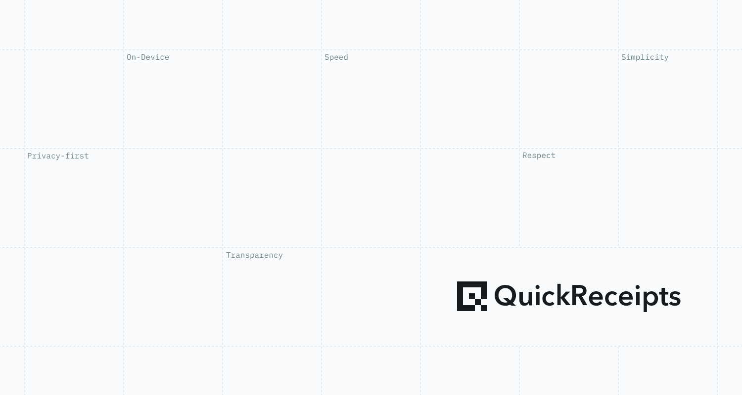 QuickReceipts logo with black geometric symbol and text on a light gray background with small words like On-Device, Speed, Simplicity, Privacy-first, Respect, and Transparency scattered around.