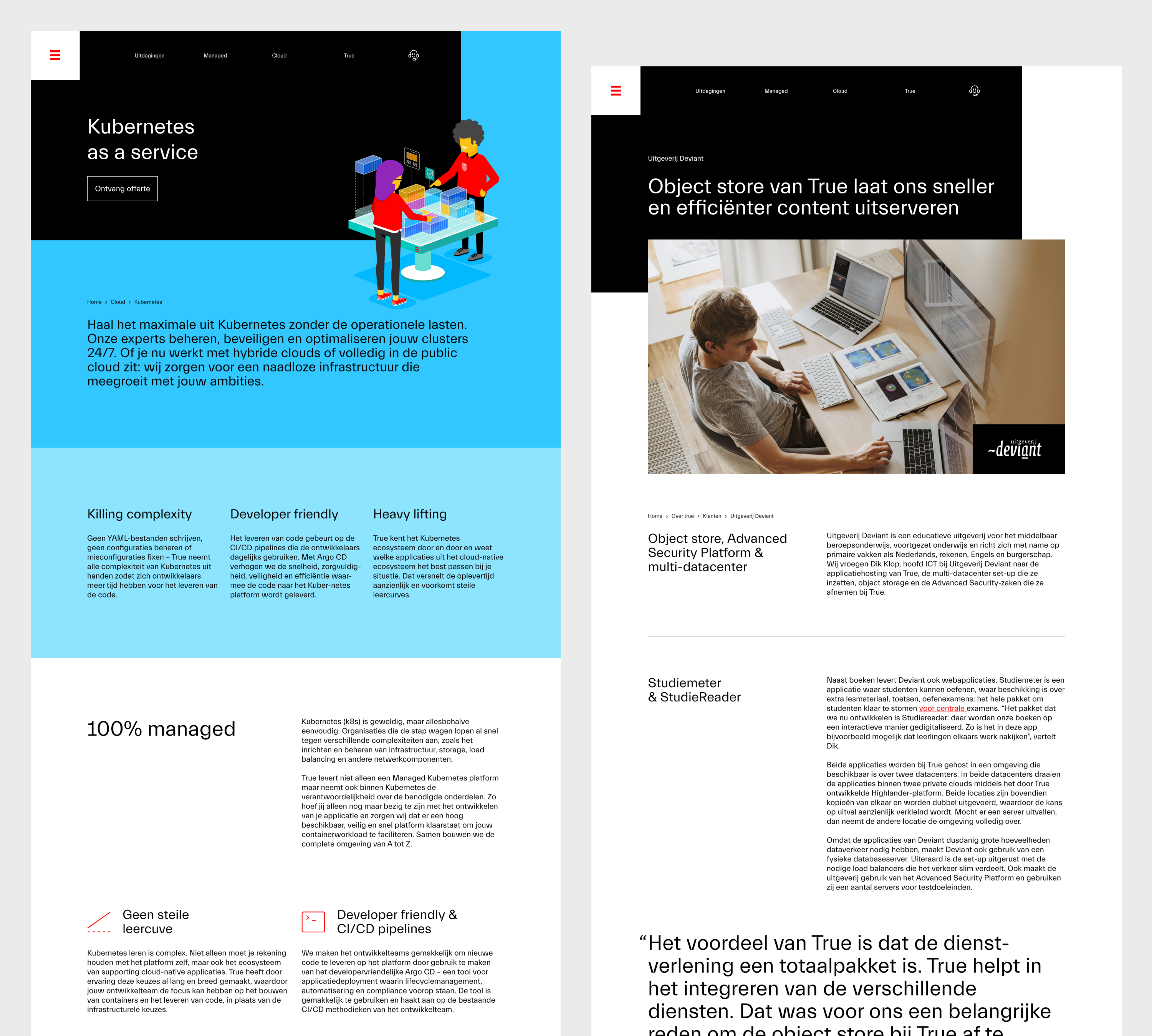 Side-by-side webpage screenshots: left shows Kubernetes service overview with two characters at a tech table, right shows a man working on laptops with text about Object Store services and client testimonial in Dutch.