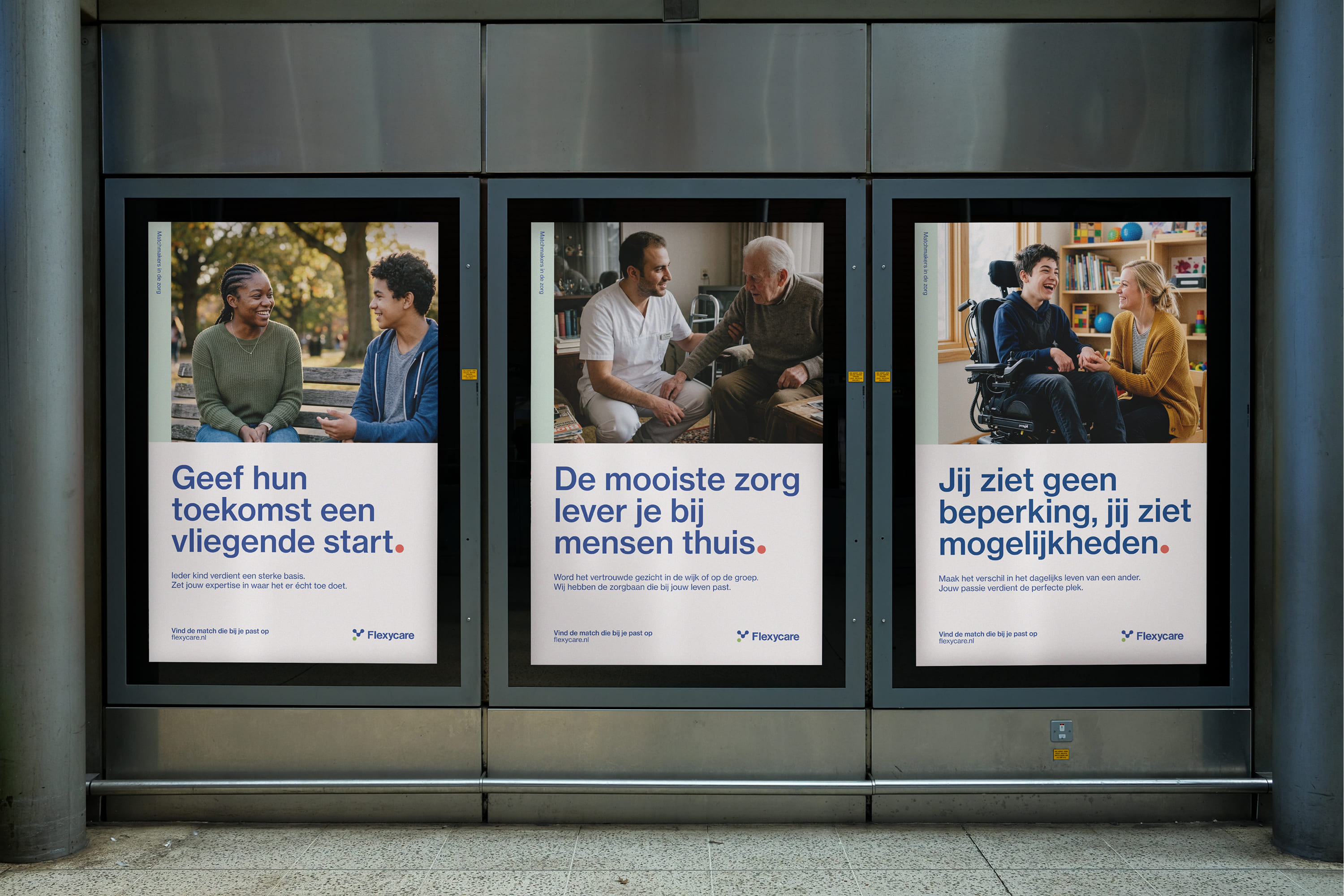 Three posters in a row promoting Flexycare showing diverse people: one with two smiling children on a bench, one with a caregiver and elderly man at home, and one with a woman interacting with a young man in a wheelchair.