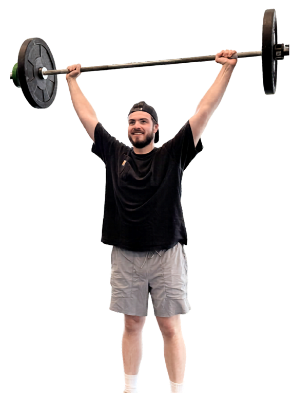 Gymparty member pressing a barbell overhead
