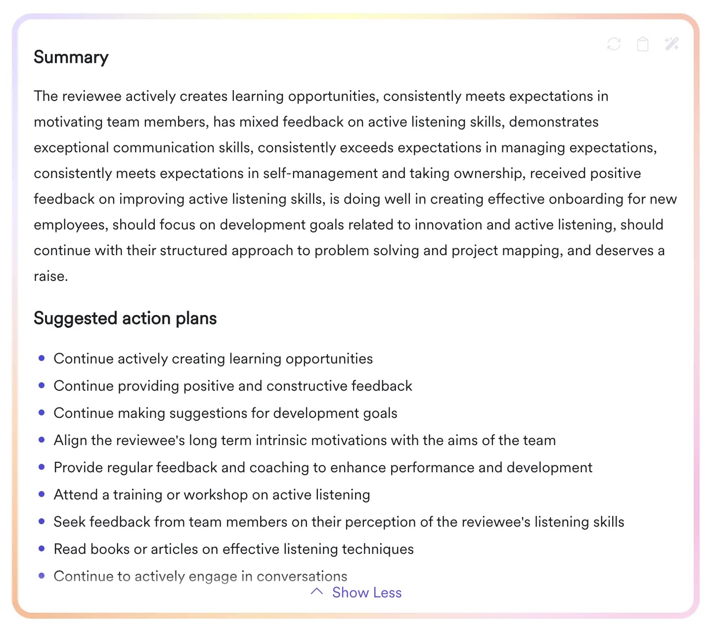 A screenshot of Leapsome's AI-generated review summary and action plans. 