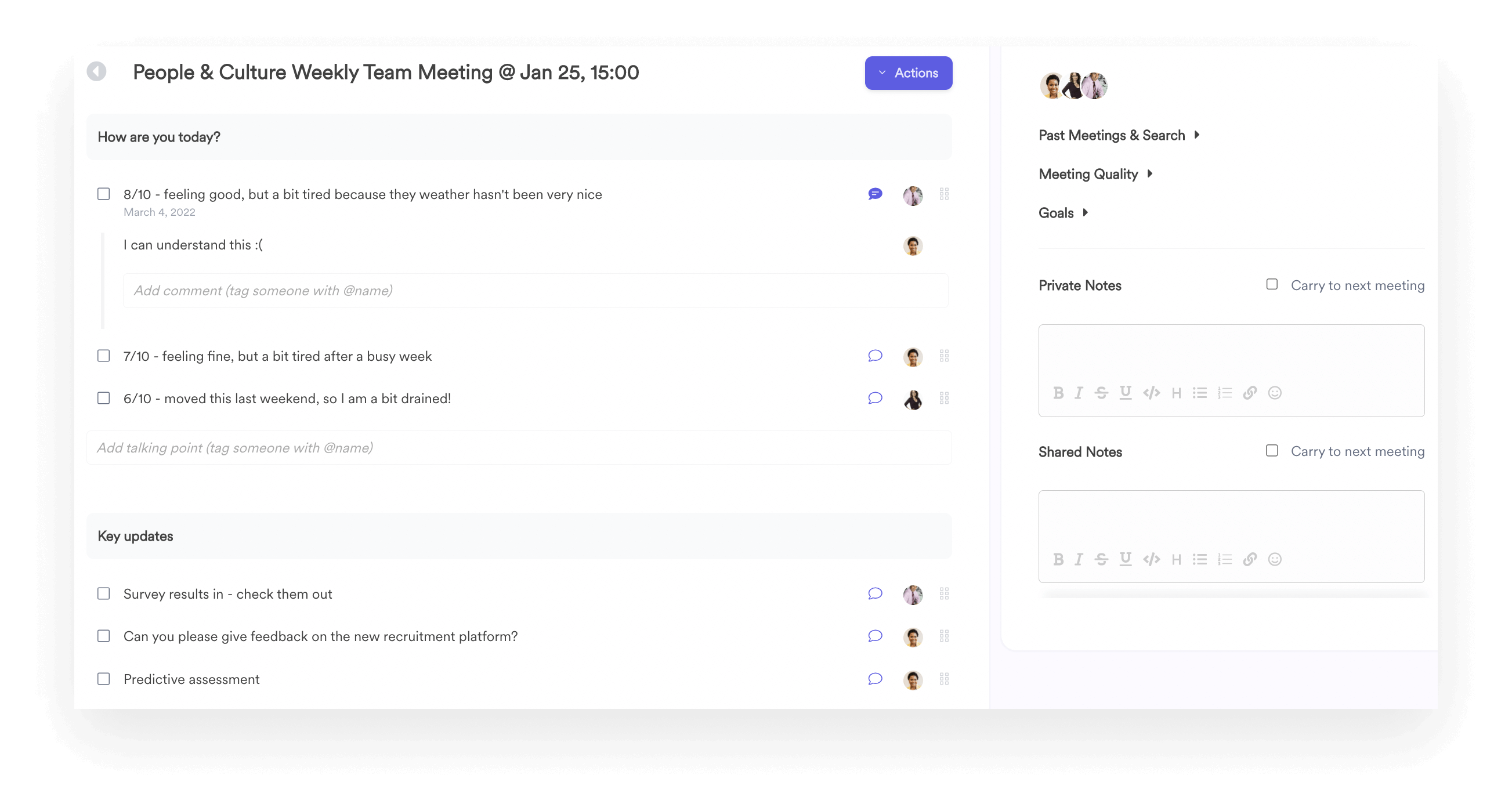 A screenshot of a weekly team meeting interface within Leapsome Meetings.