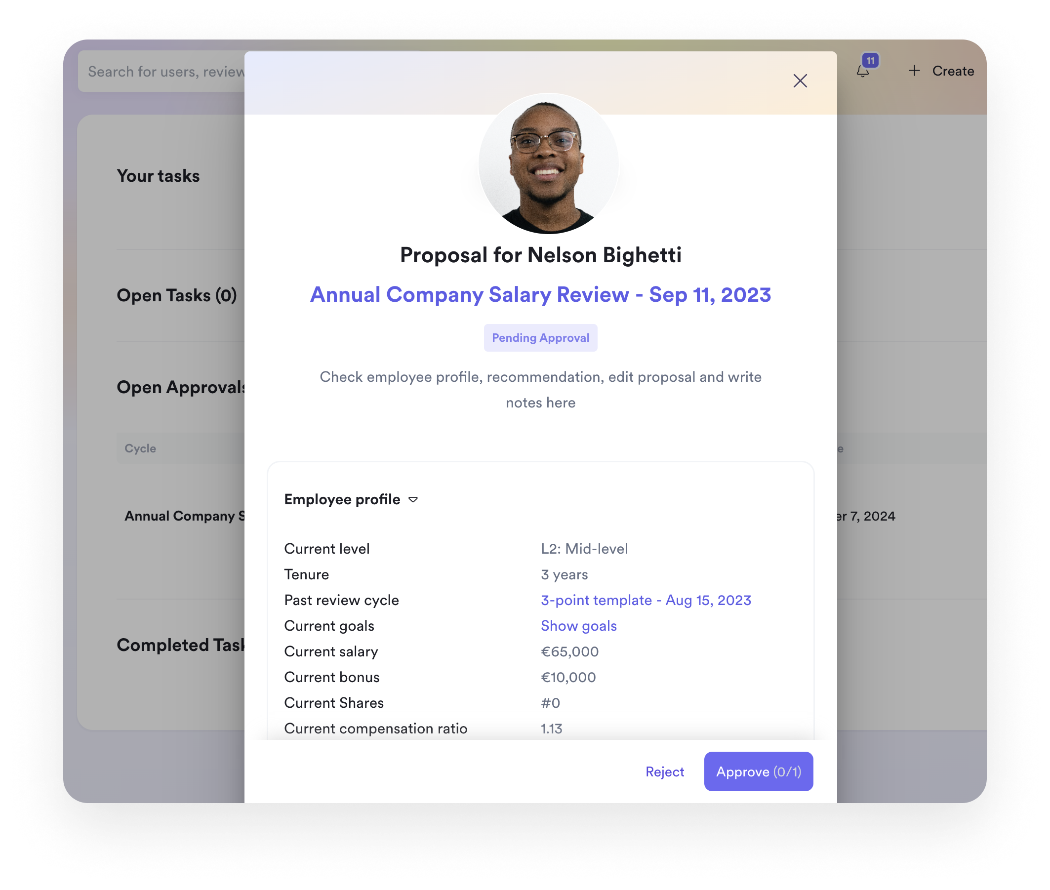 A screenshot of an employee salary review interface within Leapsome Compensation.