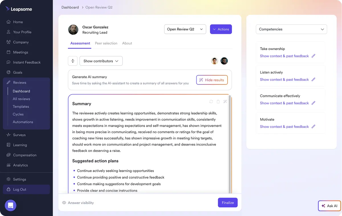 Leapsome Reviews interface showing an open review for Q2 with fields for a generated AI summary, suggestions and competencies.