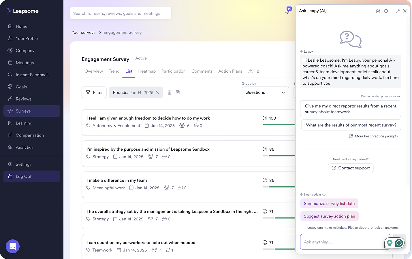 A screenshot showing how Leapsome Surveys uses AI to summarize survey results.