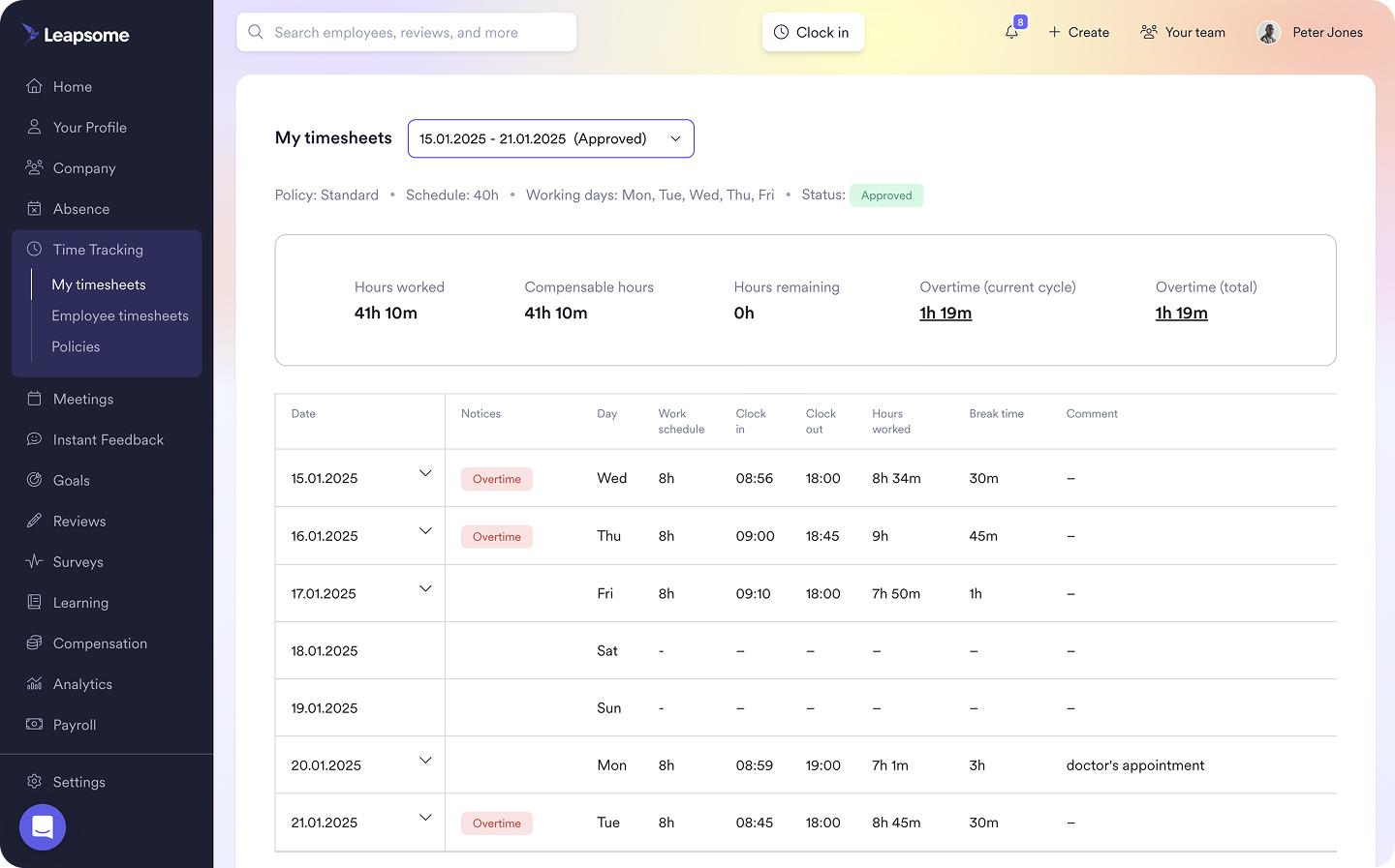 A screenshot of Leapsome Time Tracking timesheets displaying hours worked, compensable hours, overtime, and total overtime