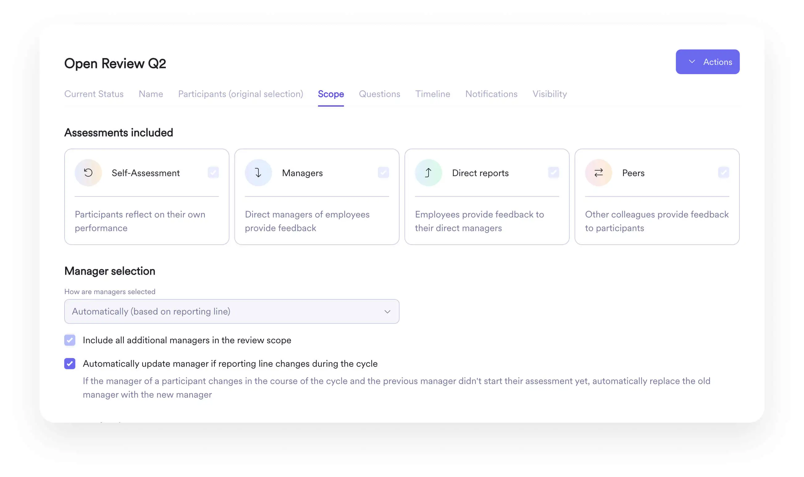 A screengrab of the Leapsome Reviews module showing the different assessments included in an open review.  