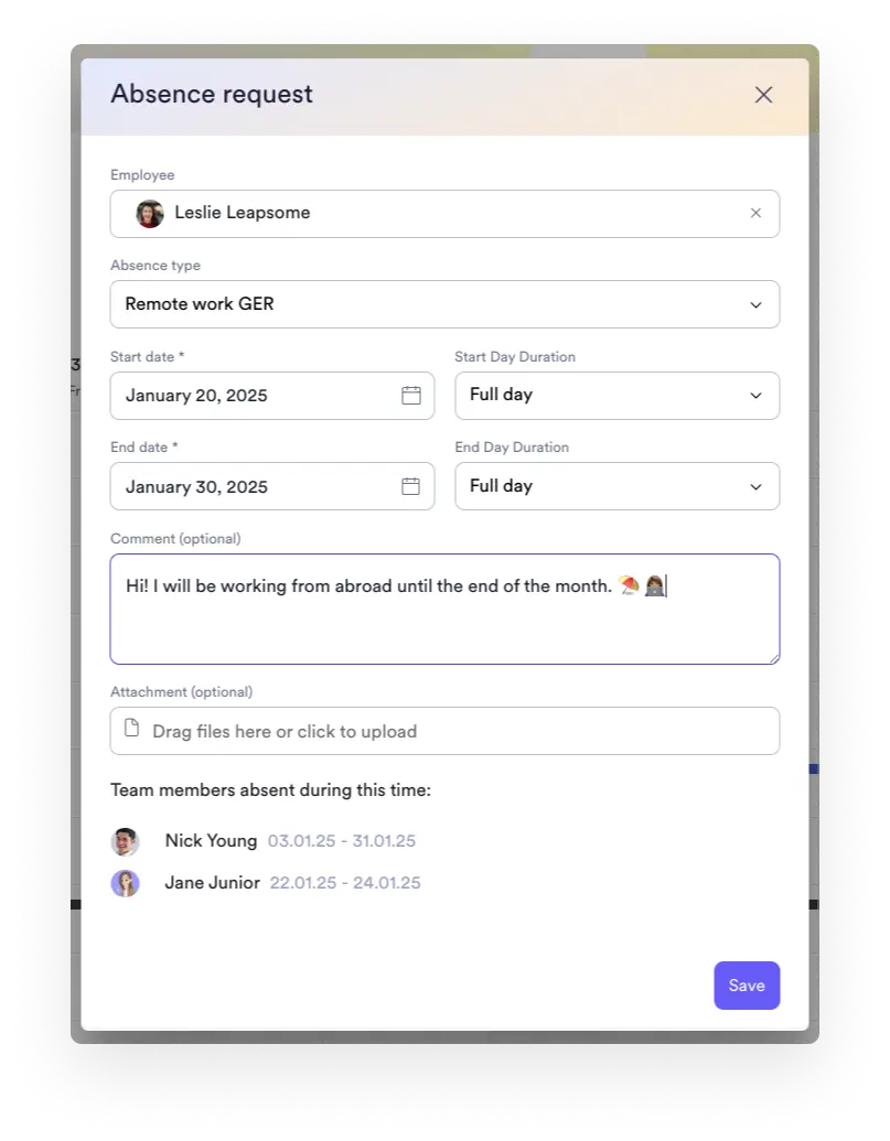 A screenshot of an interface from Leapsome's paid time off (PTO) tool, showing an example of an absence or time off period request.