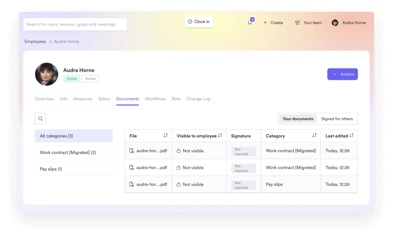 A screenshot of an employee file interface within Leapsome's HRIS.