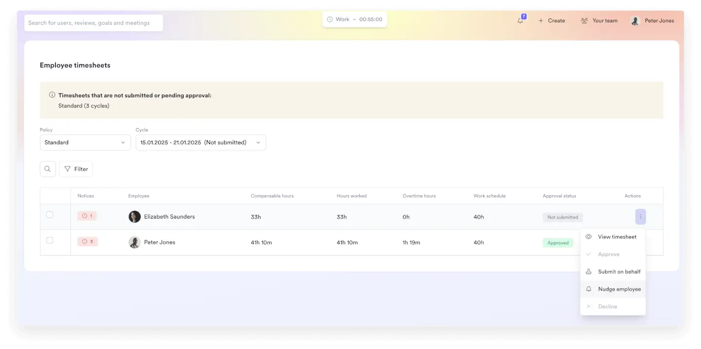 Leapsome product image showing a HRIS time tracking and timesheet interface