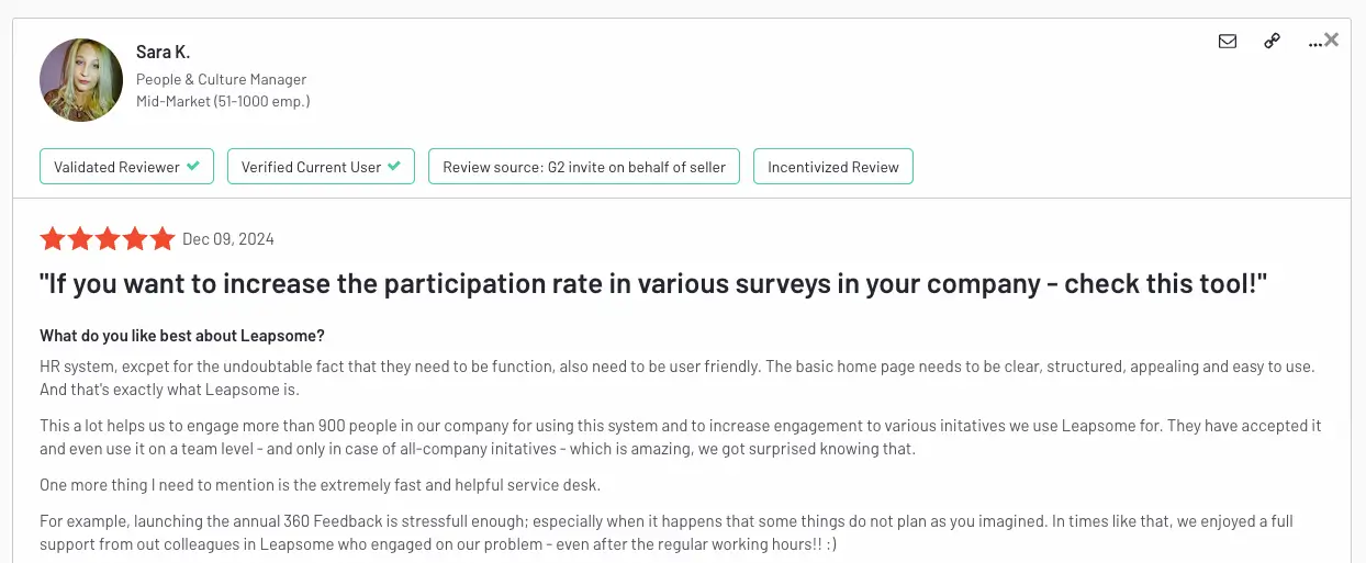 A screenshot of a G2 software review for Leapsome Surveys.