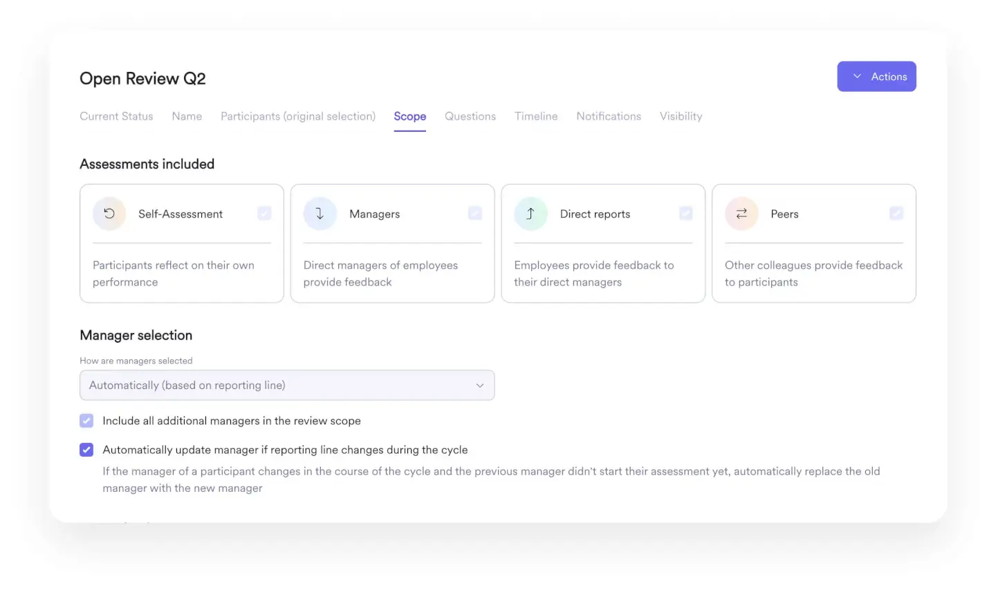 Screenshot of a review status dashboard from the Leapsome HR platform.