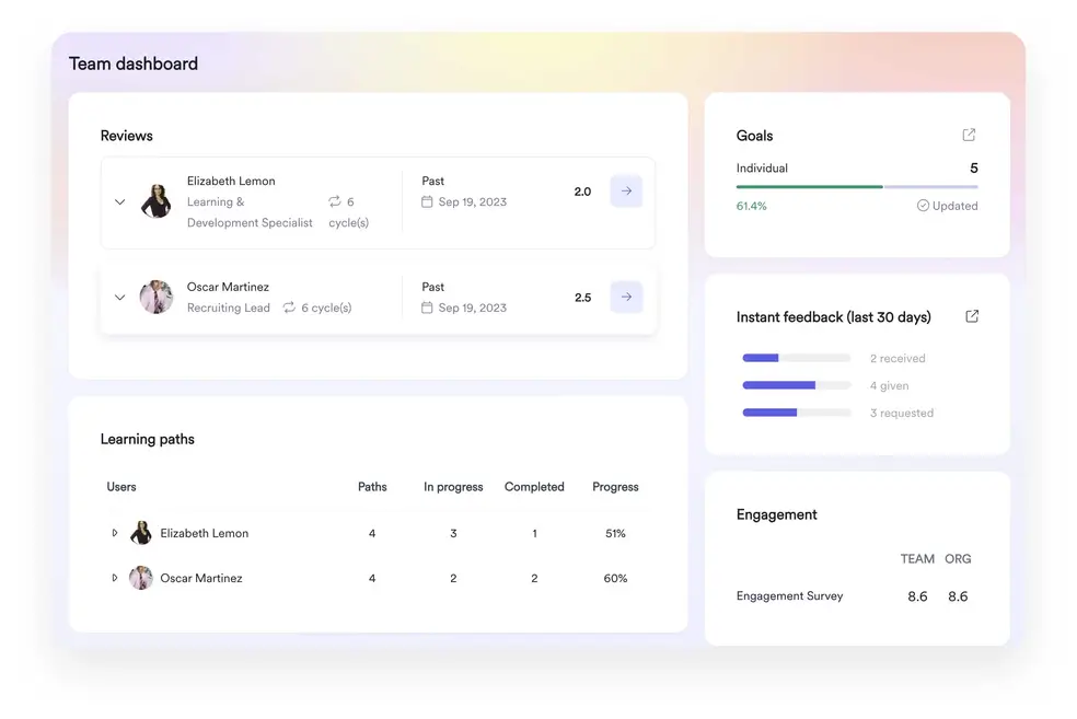 HRIS for small business: Product image showing Leapsome team dashboard.