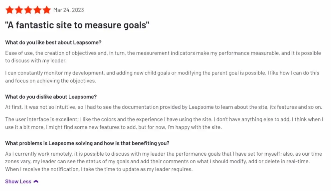 Screenshot of a G2 review praising Leapsome’s goals feature