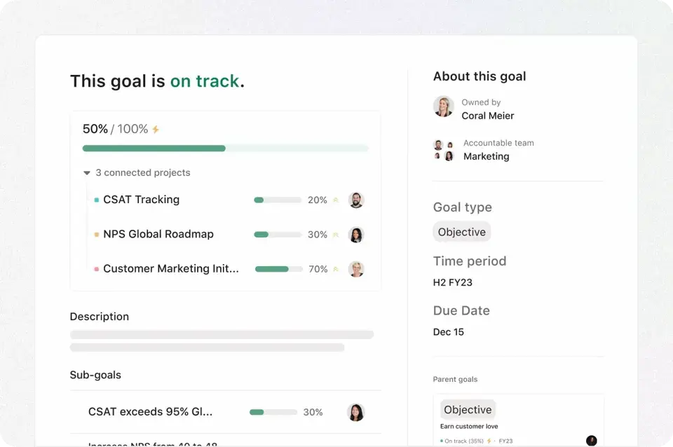 Screenshot of an interface within Asana's goal management tool.