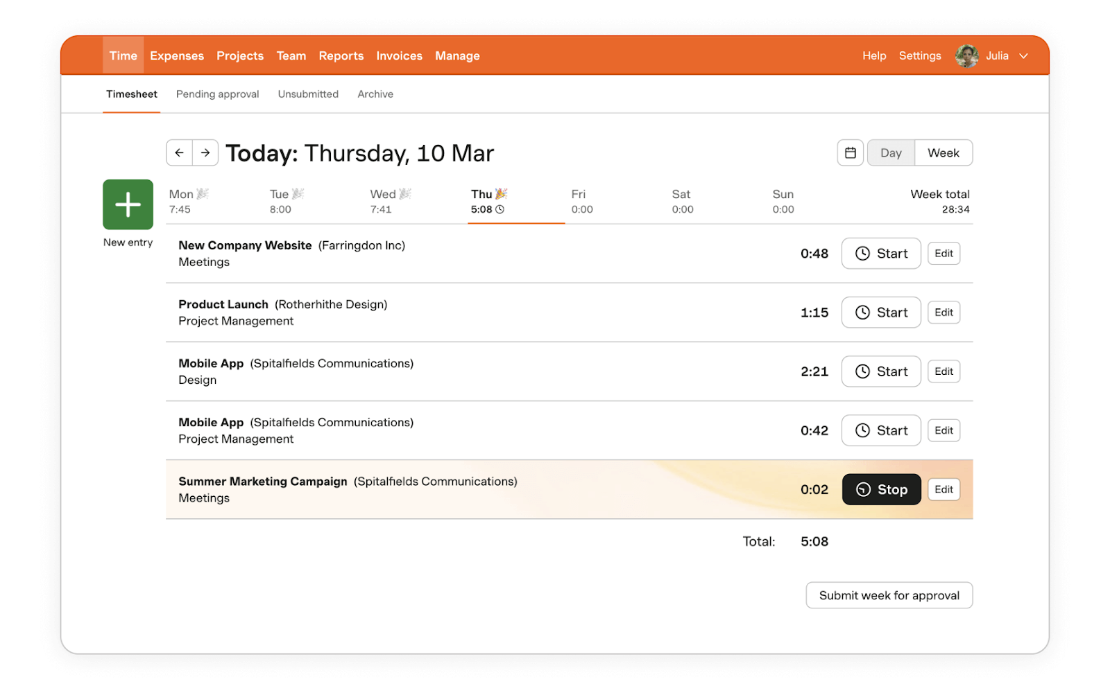 A screenshot of Harvest's user interface for employees.