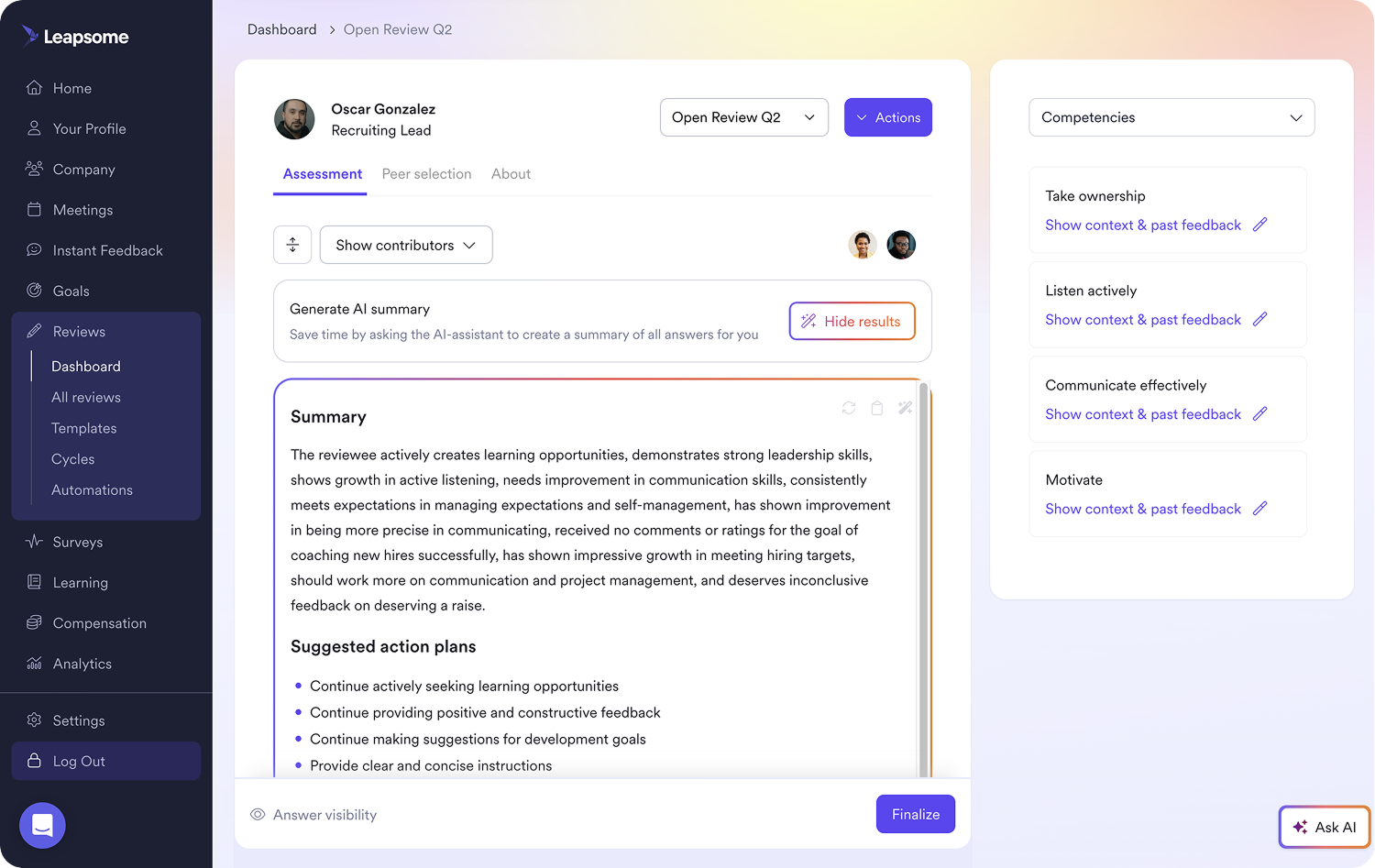 Screenshot of Leapsome's AI-powered performance review summaries and action plans