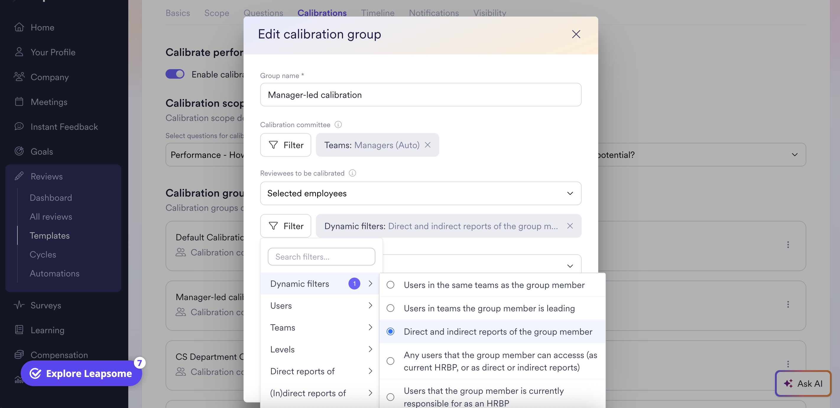 A screenshot of Leapsome’s platform showing the calibration settings, with a modal open to create a manager-led calibration group and dynamic filter options for selecting employees.