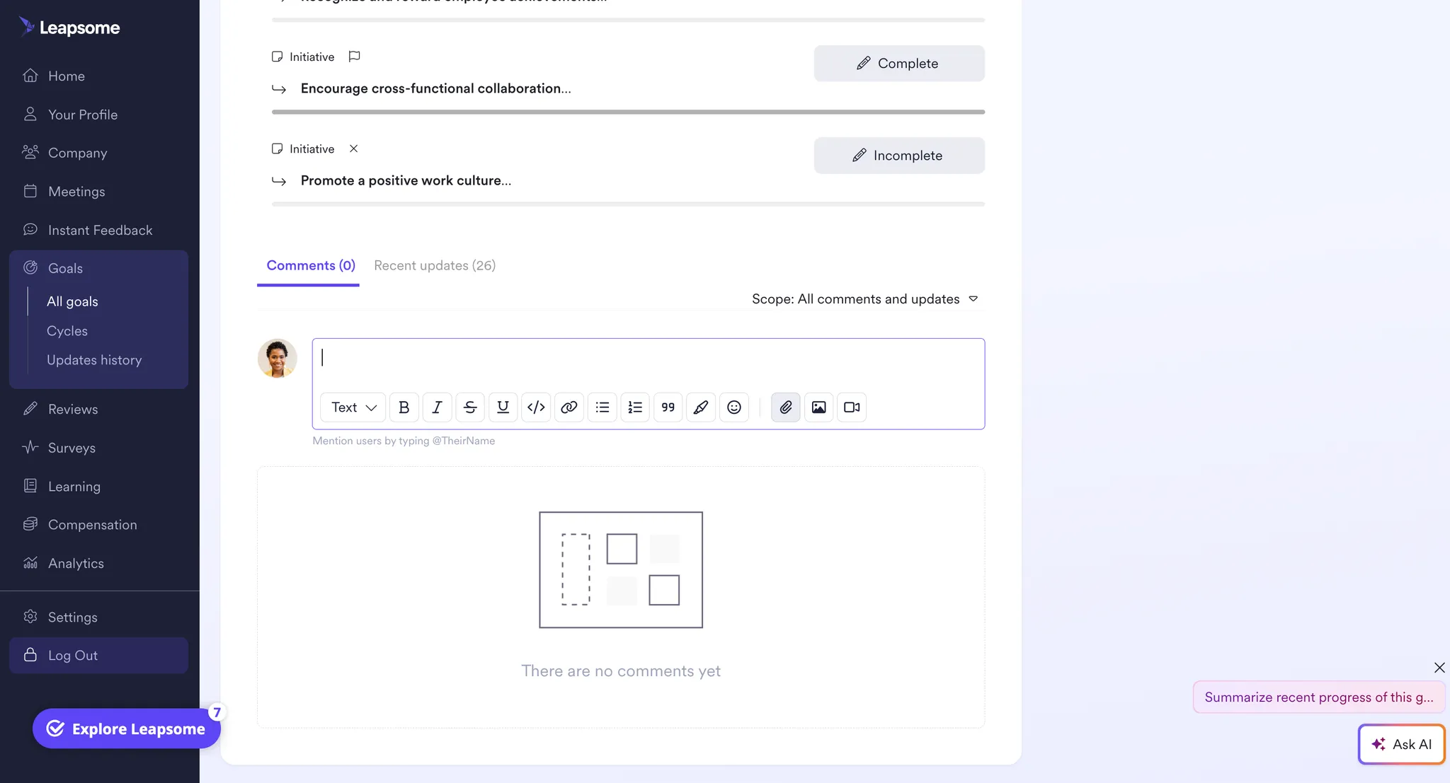 A screenshot of Leapsome’s platform showing the goals module with an open comment box, formatting toolbar, and options to attach files or media.