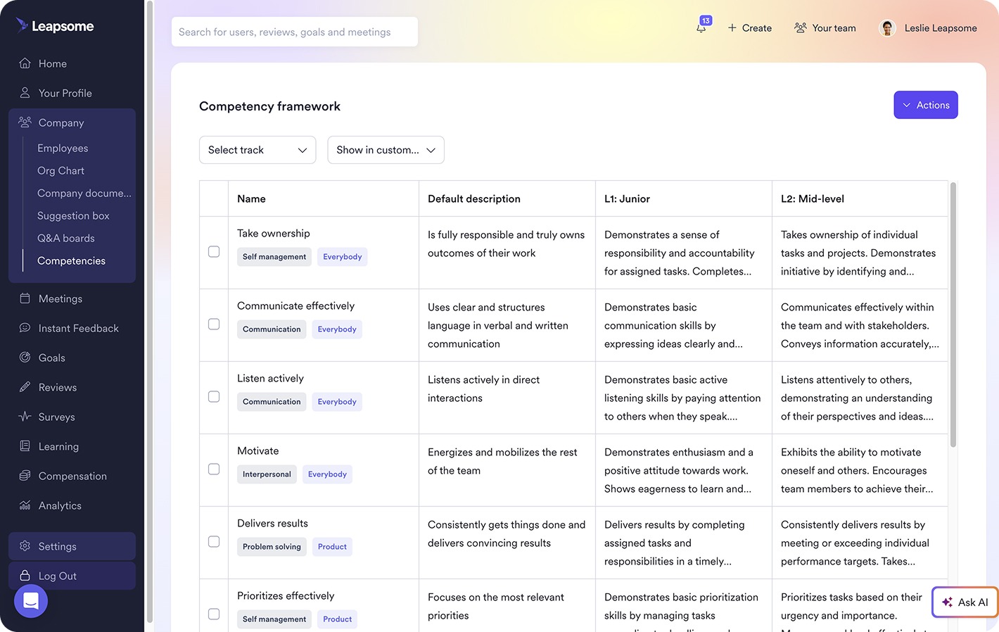 An image of Leapsome's competency framework module, displaying interface displaying columns for name, description, and different levels for a range of professional competencies. The sidebar shows navigation options.