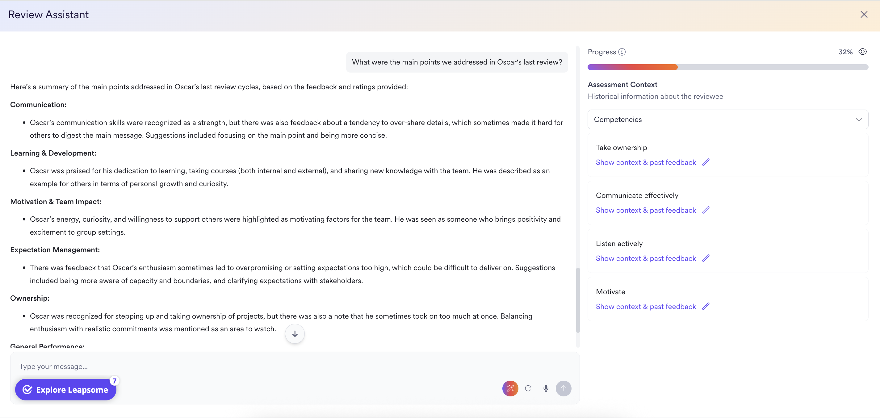 Screenshot of Leapsome’s Review Assistant showing a summary of Oscar’s last review with feedback on communication, learning, motivation, expectations, and ownership.