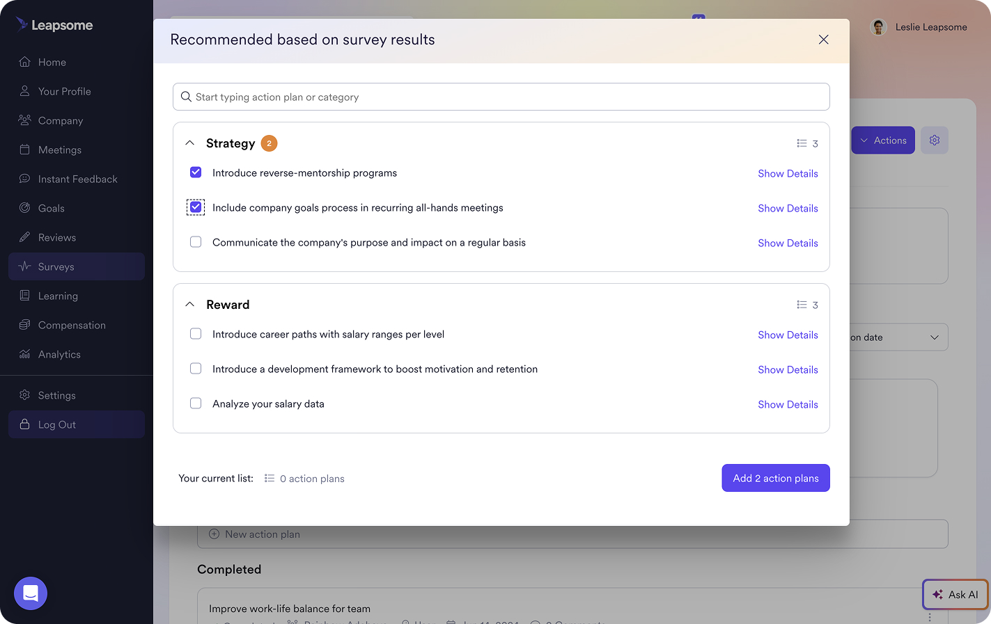 A screenshot of an engagement survey action plan interface within Leapsome Surveys.